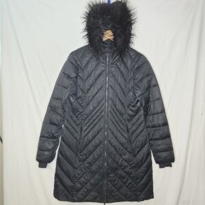 Etage Denmark Ladies Black Long Coat With Detachable Faux Fur Hood Size Medium